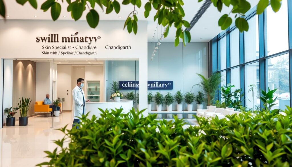 A modern, well-equipped skin specialist clinic in Chandigarh with a tasteful signage and lush greenery in the foreground. The building has a sleek, contemporary design with large windows allowing natural light to flood the interior. Two doctors in white coats are greeting patients in the bright, clean reception area. In the background, there are rows of potted plants and a water feature, creating a calming, spa-like atmosphere. The image is captured at a slight angle, giving it a dynamic, professional feel reminiscent of high-end medical brochures.
