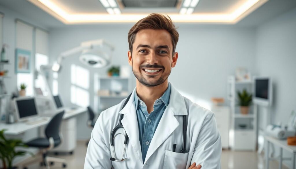 A portrait of a knowledgeable and approachable skin specialist in Chandigarh, dressed in a white medical coat and standing in a modern, well-equipped dermatology clinic. The specialist has a friendly expression, with warm eyes and a welcoming smile, conveying their expertise and compassion for patients. The clinic's interior is bathed in soft, natural lighting, creating a calming atmosphere. The background features clean, minimalist decor and medical equipment, suggesting a state-of-the-art facility focused on providing high-quality skin care services.