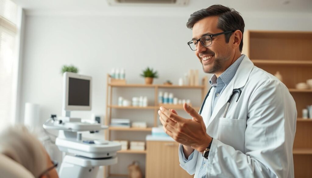 A professional dermatologist in Chandigarh, India, examining a patient in a well-lit, modern clinic. The doctor wears a white coat and has a kind, focused expression as they inspect the patient's skin. In the background, medical equipment and shelves of skincare products are visible, conveying an atmosphere of expertise and care. The lighting is soft and natural, highlighting the dermatologist's attentiveness. The camera angle is slightly elevated, giving a warm, authoritative perspective on the medical consultation.