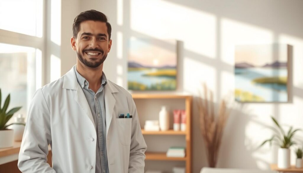 A professional dermatologist's office in Chandigarh, with a warm, inviting atmosphere. Sunlight streams through large windows, casting a soft glow on the clean, modern decor. In the foreground, a smiling dermatologist in a white coat stands ready to provide expert skincare advice. Behind them, shelves display high-quality skincare products. In the background, a calming abstract landscape painting hangs on the wall, complementing the soothing color palette. The image conveys a sense of trust, expertise, and a commitment to personalized, holistic skincare solutions.
